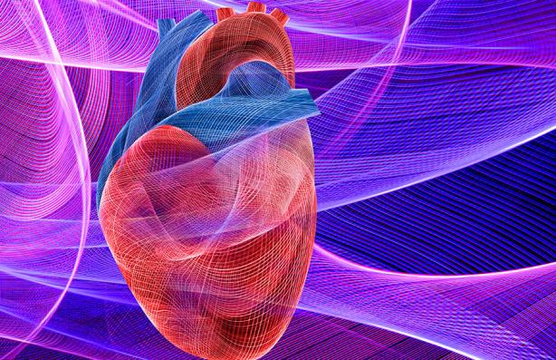 Energy patterns create a human heart against a backdrop of energy fields in a photograph about heart issues, coronary research and energy fields in medicine.