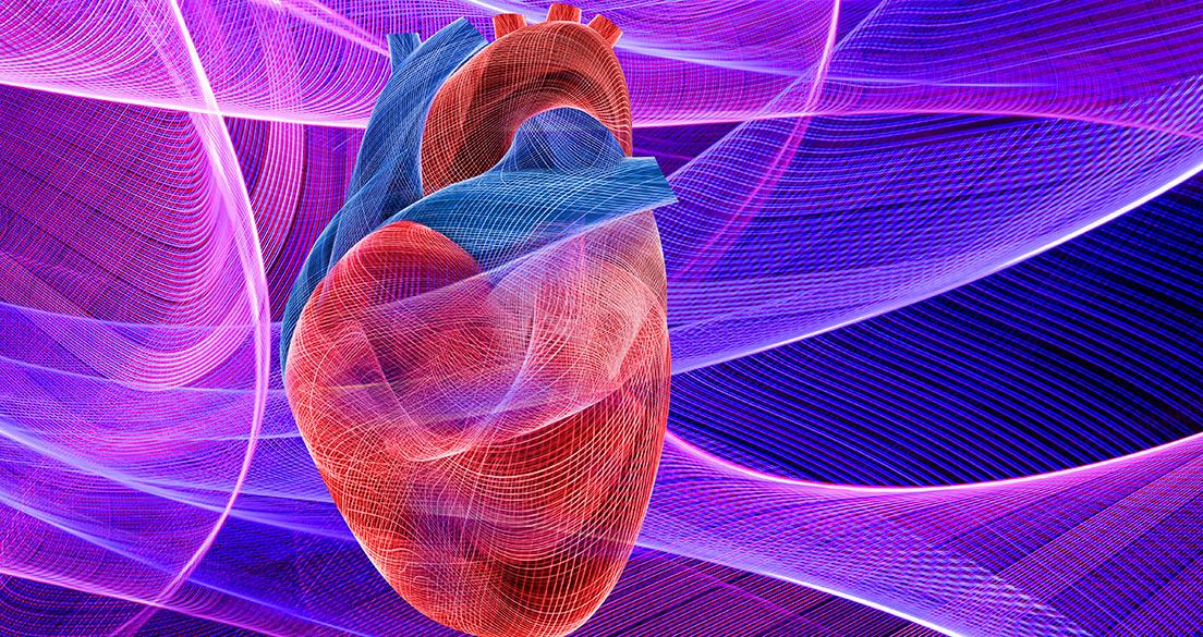 Energy patterns create a human heart against a backdrop of energy fields in a photograph about heart issues, coronary research and energy fields in medicine.